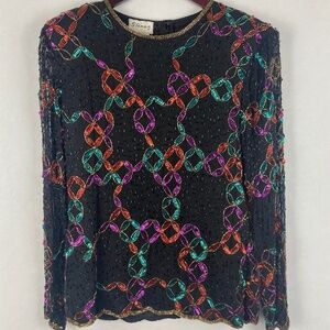Stenay Vintage Beaded Sequin Silk Black Long Sleeve Formal Blouse Top Medium